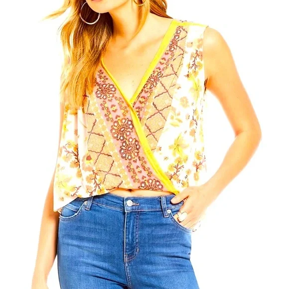 FREE PEOPLE | Floral print havana muscle tank Hi LO draped white yellow - Picture 1 of 16